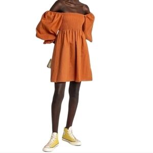 Kourt Portia Smocked Puff Sleeve Flax Organic Mini Dress with Pockets